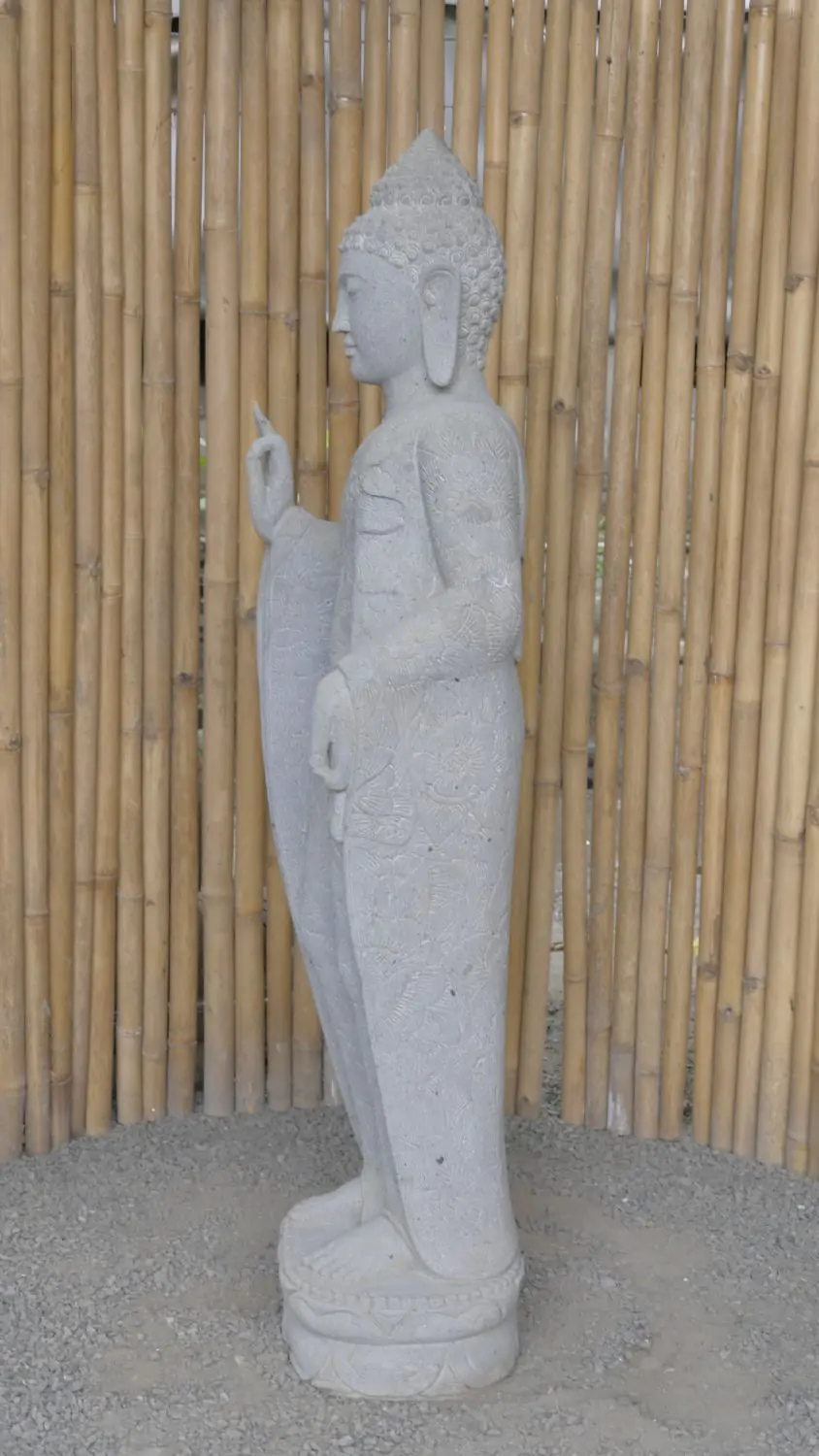  Product image 4 of the product “Standing Buddha with floral carving, Abudaya position. 48 x 34,5 x 151,5 cm. Natural stone (river stone), stonemasonry ”